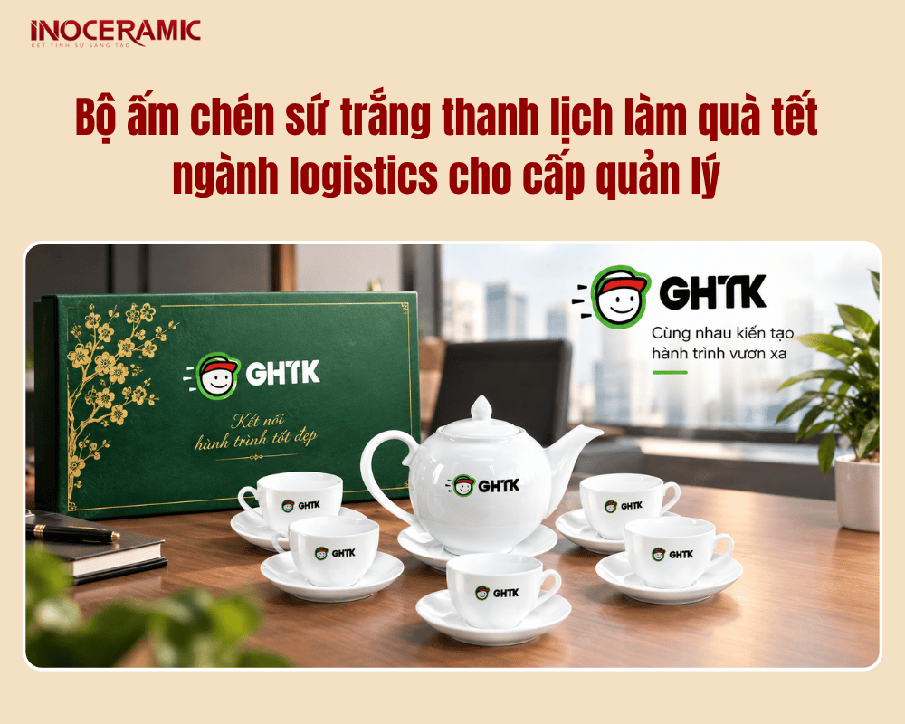Bộ ấm chén sứ trắng thanh lịch làm quà tết ngành logistics cho cấp quản lý