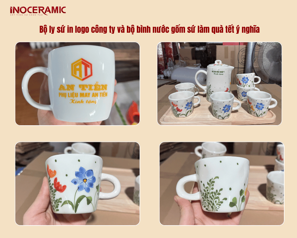 Bộ ly sứ in logo công ty và bộ bình nước gốm sứ làm quà tết ý nghĩa