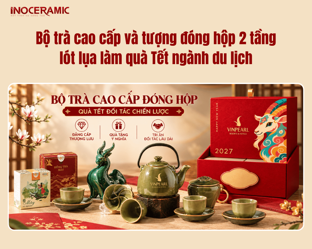Bộ trà cao cấp và tượng đóng hộp 2 tầng lót lụa làm quà Tết ngành du lịch