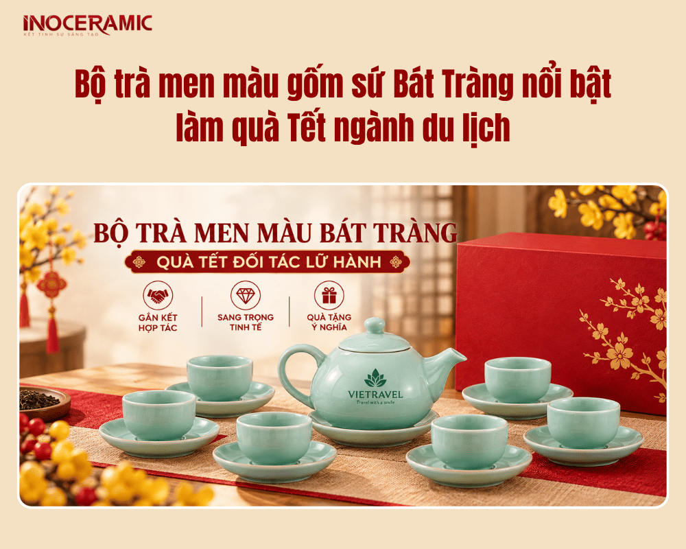 Bộ trà men màu gốm sứ Bát Tràng nổi bật làm quà Tết ngành du lịch