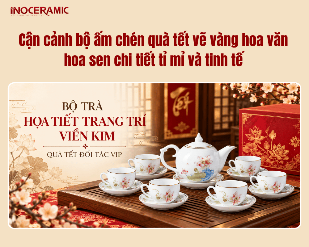 Cận cảnh bộ ấm chén quà tết vẽ vàng hoa văn hoa sen chi tiết tỉ mỉ và tinh tế