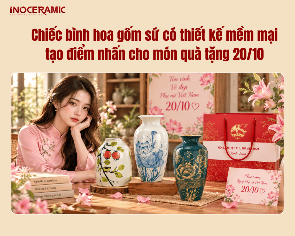 Chiếc bình hoa gốm sứ có thiết kế mềm mại tạo điểm nhấn cho món quà tặng 20-10