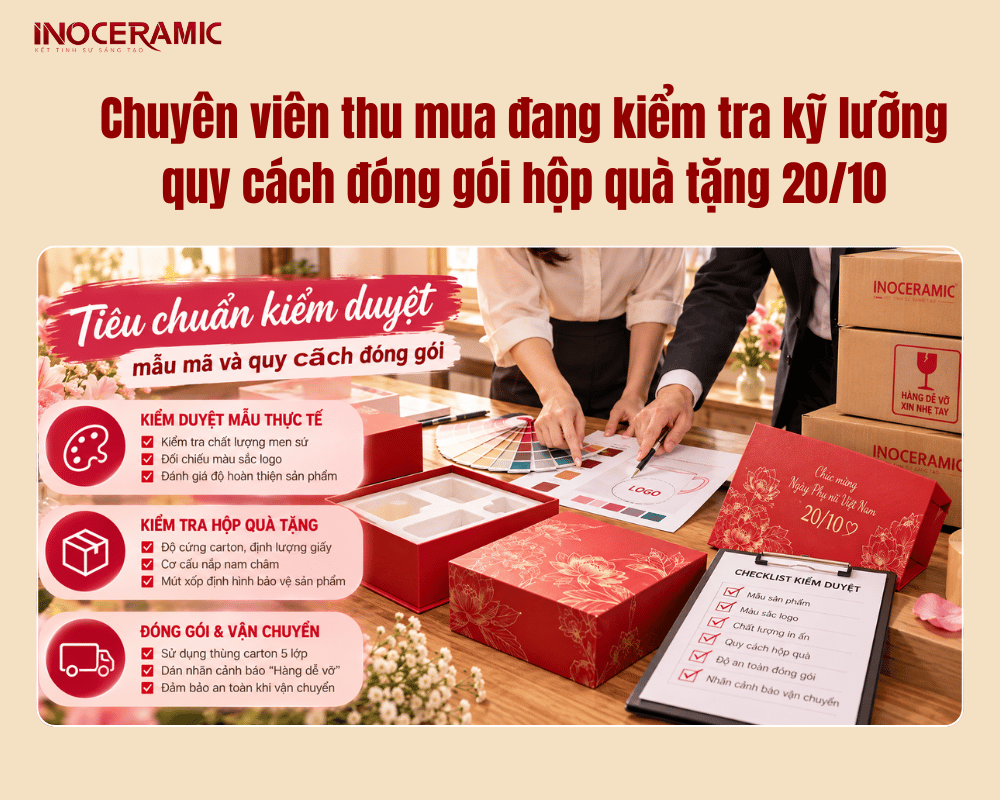 Chuyên viên thu mua đang kiểm tra kỹ lưỡng quy cách đóng gói hộp quà tặng 20-10