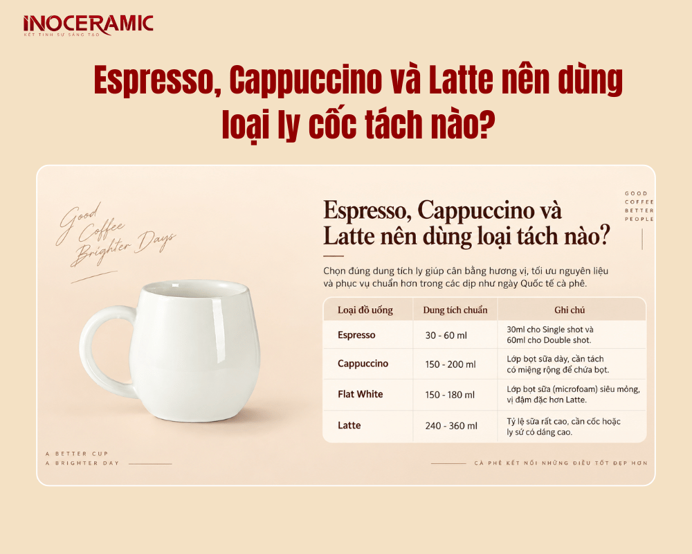 Espresso, Cappuccino và Latte nên dùng loại ly cốc tách nào