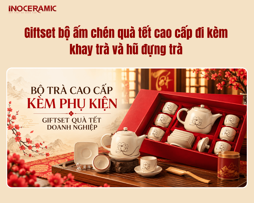 Giftset bộ ấm chén quà tết cao cấp đi kèm khay trà và hũ đựng trà