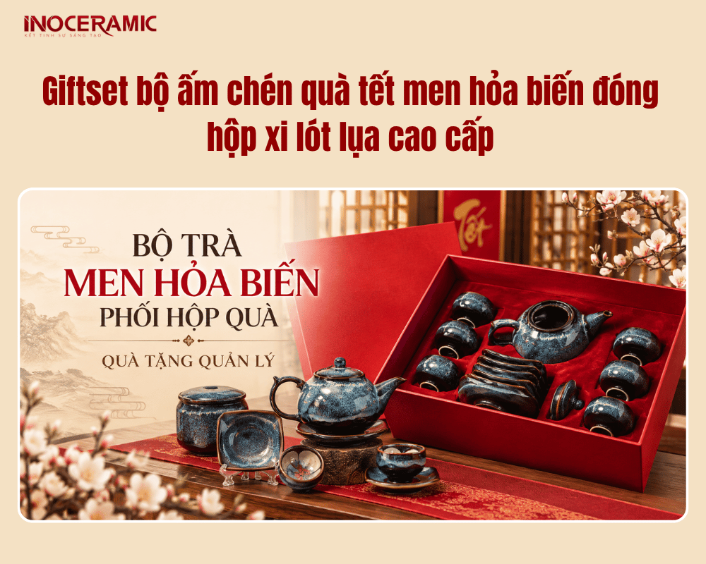 Giftset bộ ấm chén quà tết men hỏa biến đóng hộp xi lót lụa cao cấp