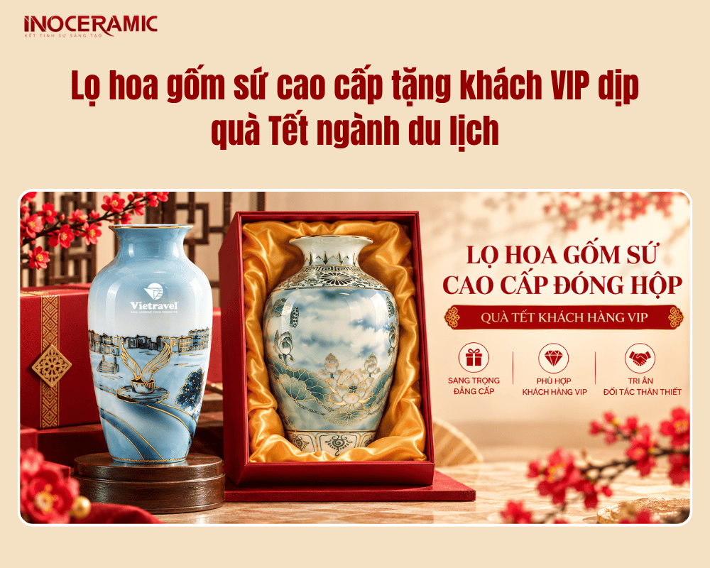 Lọ hoa gốm sứ cao cấp tặng khách VIP dịp quà Tết ngành du lịch