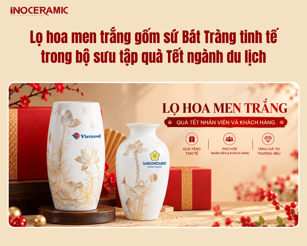 Lọ hoa men trắng gốm sứ Bát Tràng tinh tế trong bộ sưu tập quà Tết ngành du lịch