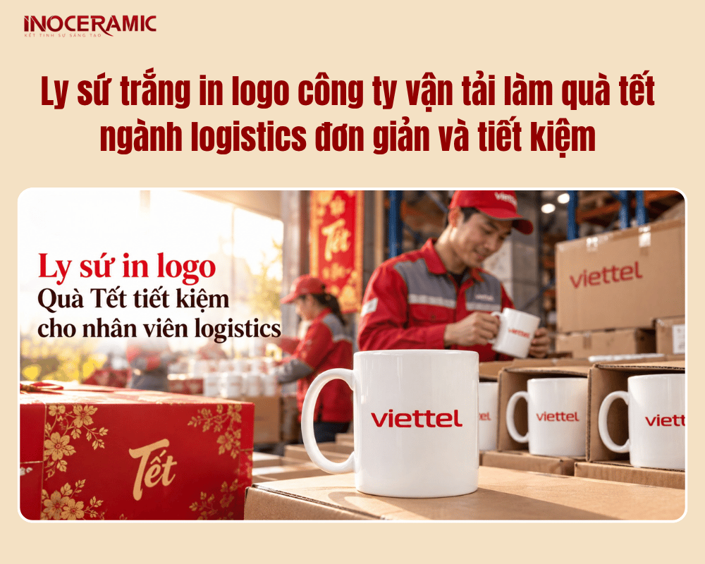 Ly sứ trắng in logo công ty vận tải làm quà tết ngành logistics đơn giản và tiết kiệm