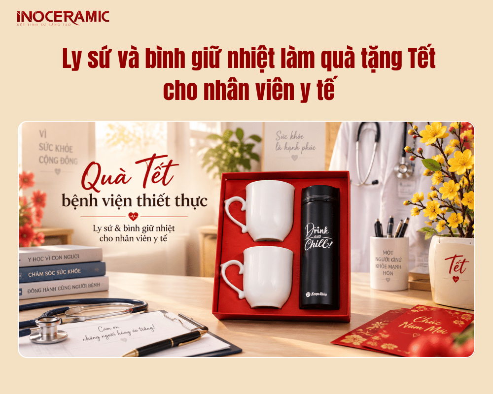 Ly sứ và bình giữ nhiệt làm quà tặng Tết cho nhân viên y tế