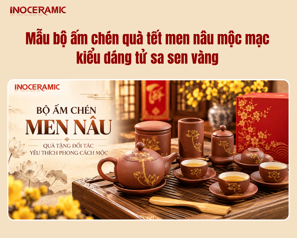 Mẫu bộ ấm chén quà tết men nâu mộc mạc kiểu dáng tử sa sen vàng