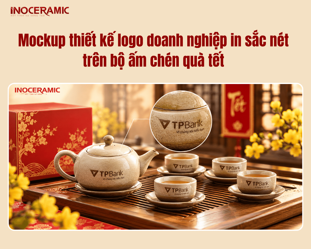 Mockup thiết kế logo doanh nghiệp in sắc nét trên bộ ấm chén quà tết