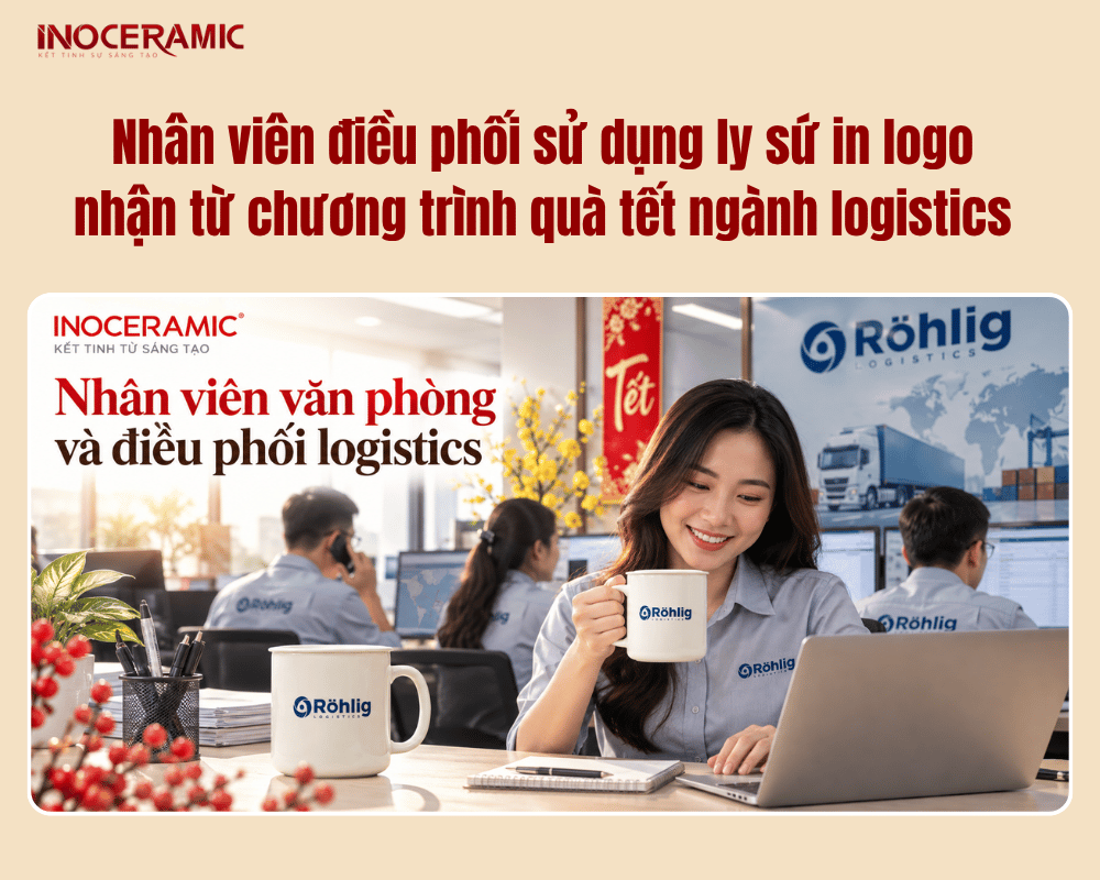 Nhân viên điều phối sử dụng ly sứ in logo nhận từ chương trình quà tết ngành logistics