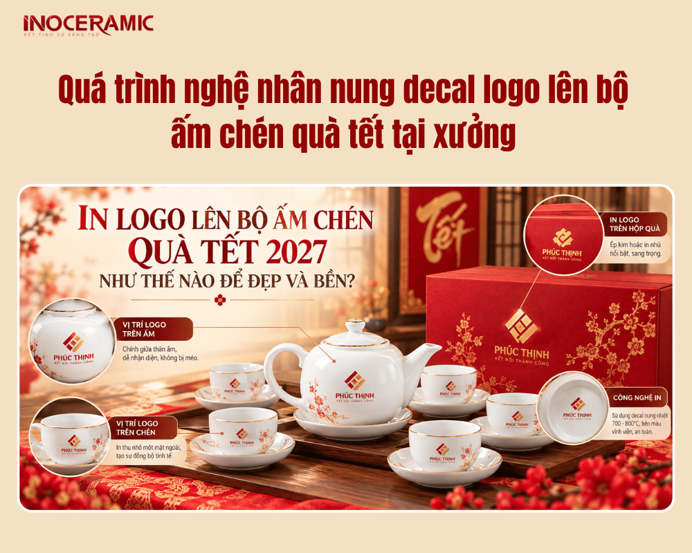 Quá trình nghệ nhân nung decal logo lên bộ ấm chén quà tết tại xưởng