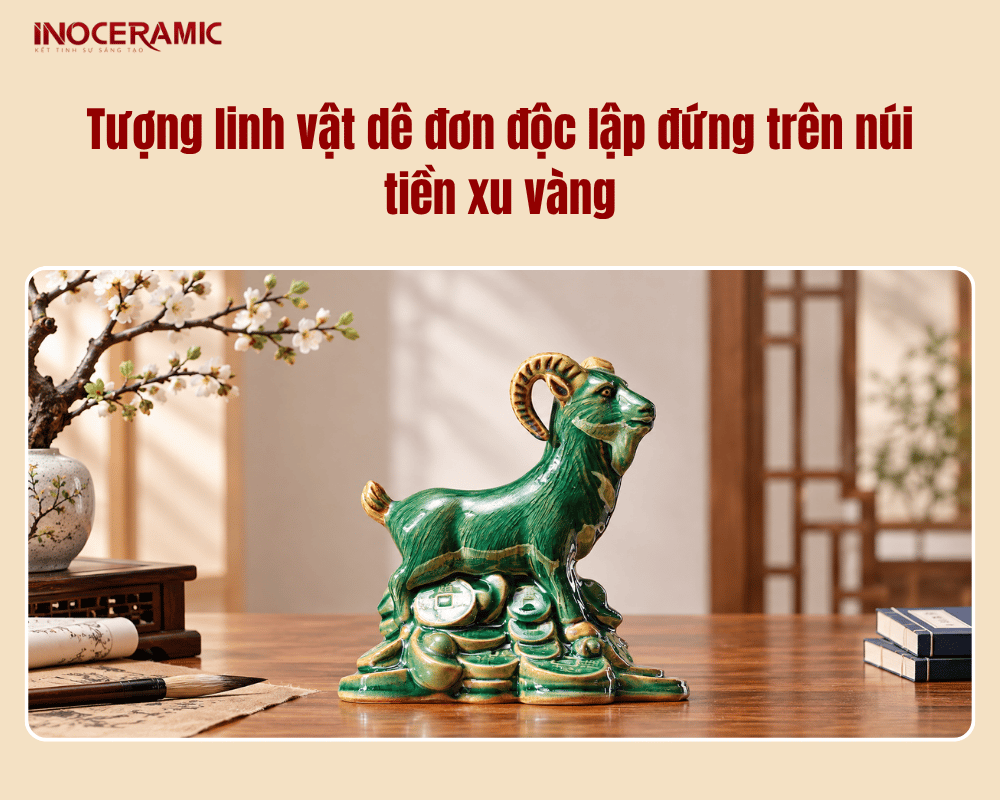 Tượng linh vật dê đơn độc lập đứng trên núi tiền xu vàng Tượng linh vật dê đơn độc lập đứng trên núi tiền xu vàng