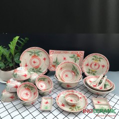 Bộ Bàn Ăn Bát Tràng hoa chuồn đỏ