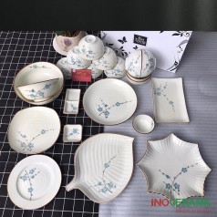 Bộ Bát Dĩa Vẽ Hoa Đào Trắng
