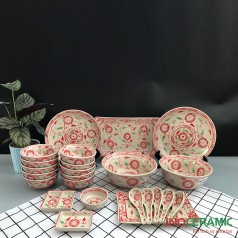 Bộ Bát Dĩa Cúc Đỏ Men Rạn