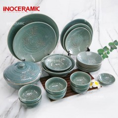 Bộ Bàn Ăn Men Xanh Khắc Hoa Cúc