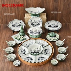 Bộ Bát Đĩa Hoa Mặt Trời Sen Đen Men Xanh Ngọc