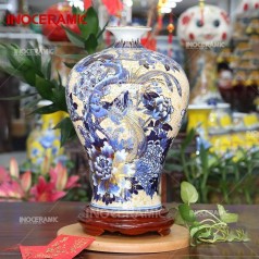 Mai Bình Vẽ Vàng Chim Trĩ Hoa Mẫu Đơn