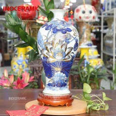 Mai Bình Vẽ Vàng Hoa Sen Xanh